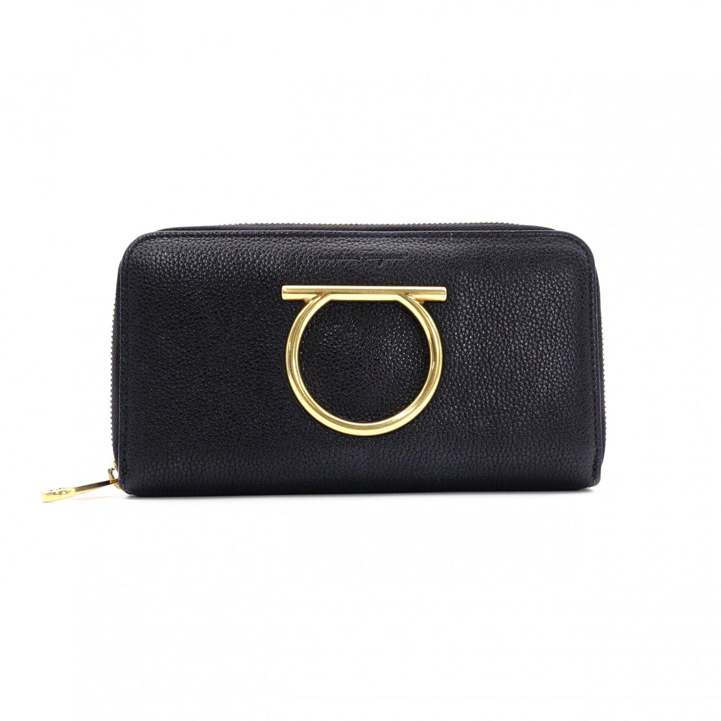 Salvatore Ferragamo Round Zipper Gancini Long Wallet, Leather, Black with Gold Hardware