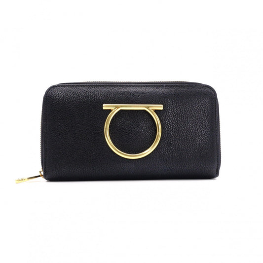 Salvatore Ferragamo Round Zipper Gancini Long Wallet, Leather, Black with Gold Hardware