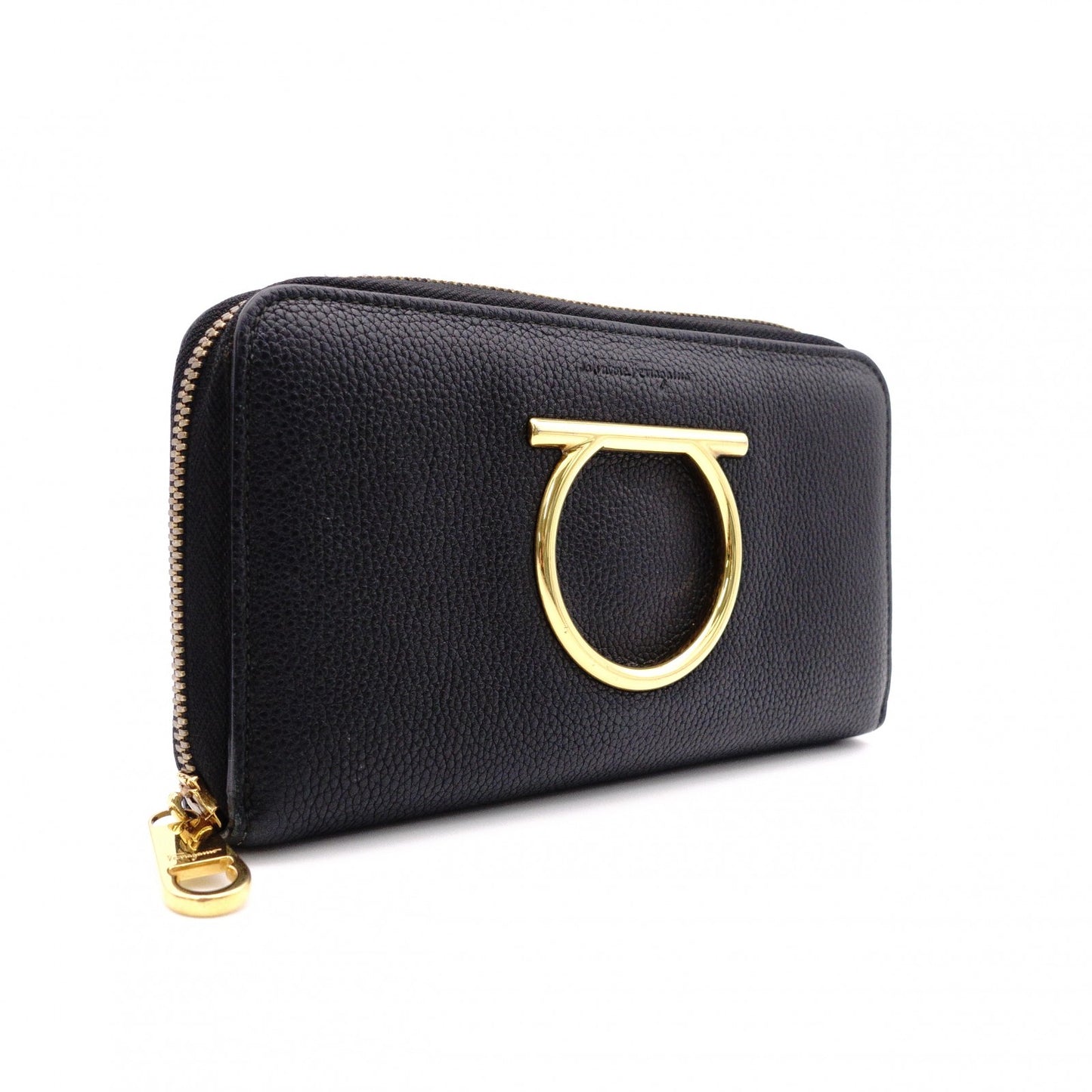 Salvatore Ferragamo Round Zipper Gancini Long Wallet, Leather, Black with Gold Hardware