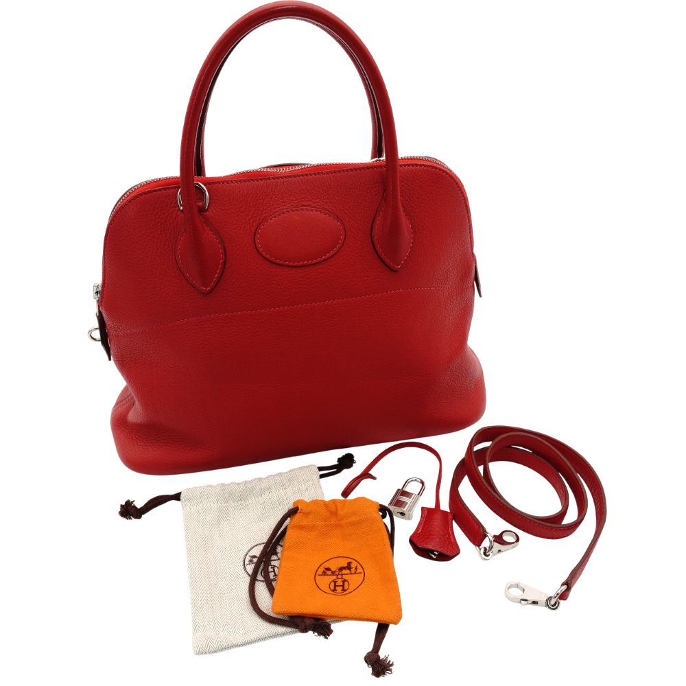 HERMES Bolide 31 Leather Handbag Red 2-Way □I Stamped Shoulder Strap Silver Hardware 7-10-527