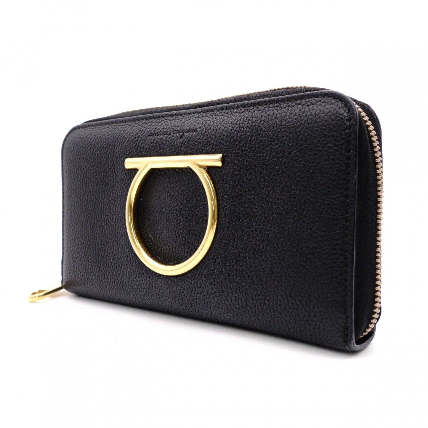 Salvatore Ferragamo Round Zipper Gancini Long Wallet, Leather, Black with Gold Hardware