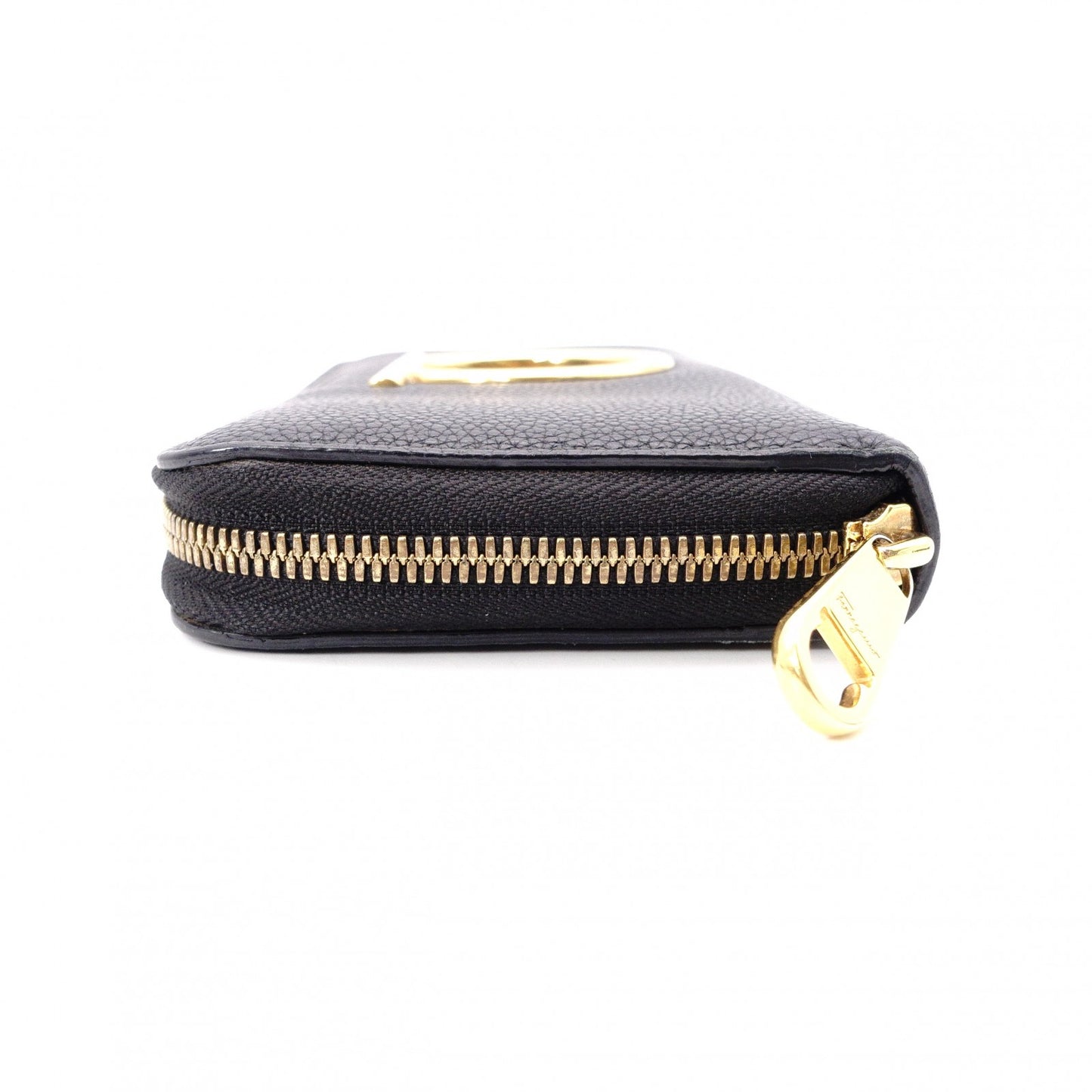 Salvatore Ferragamo Round Zipper Gancini Long Wallet, Leather, Black with Gold Hardware