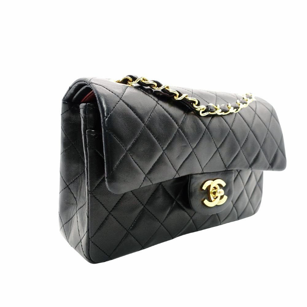 CHANEL Matelassé Double Flap Classic Chain Shoulder Bag Black Lambskin Black Gold Hardware 7-8-605