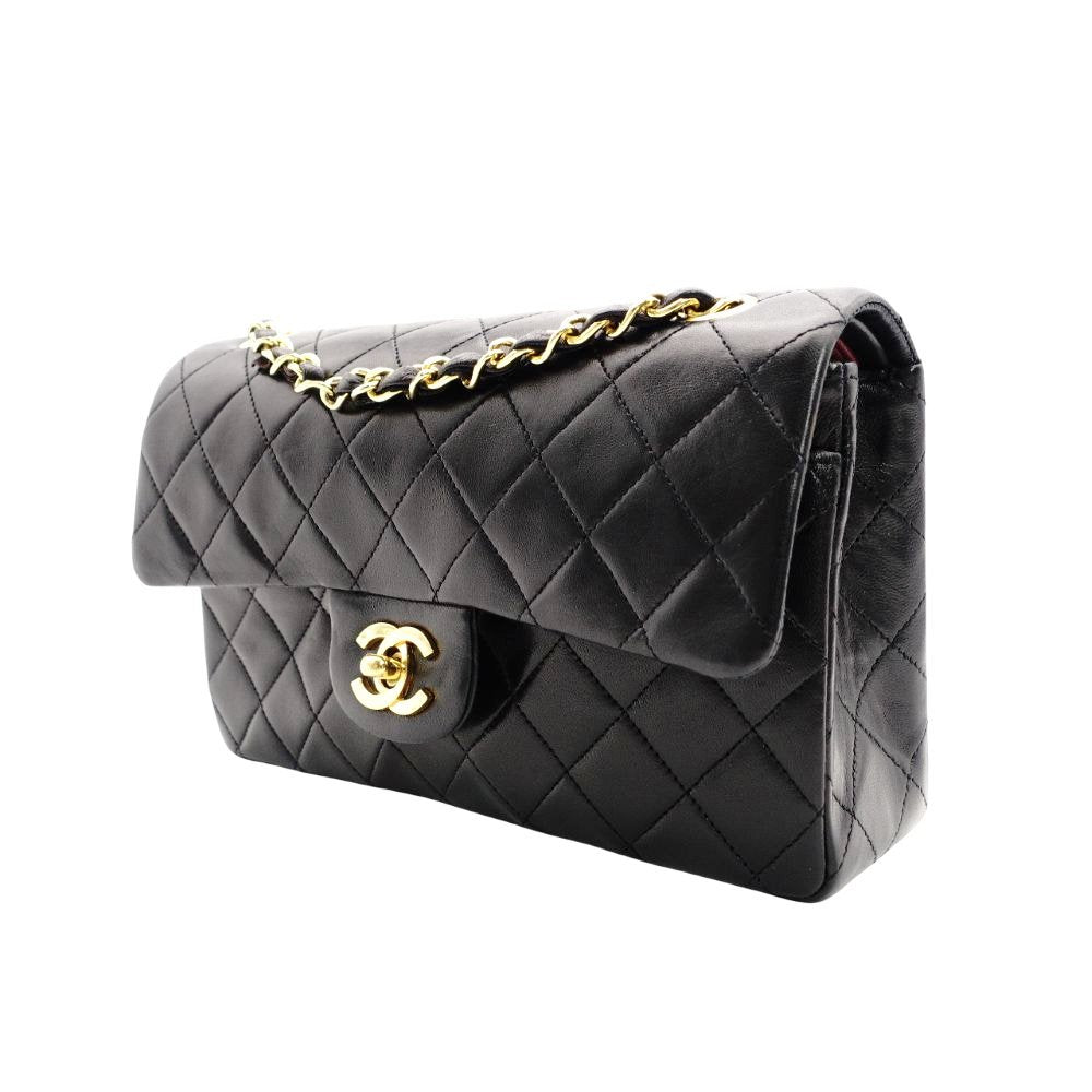 CHANEL Matelassé Double Flap Classic Chain Shoulder Bag Black Lambskin Black Gold Hardware 7-8-605