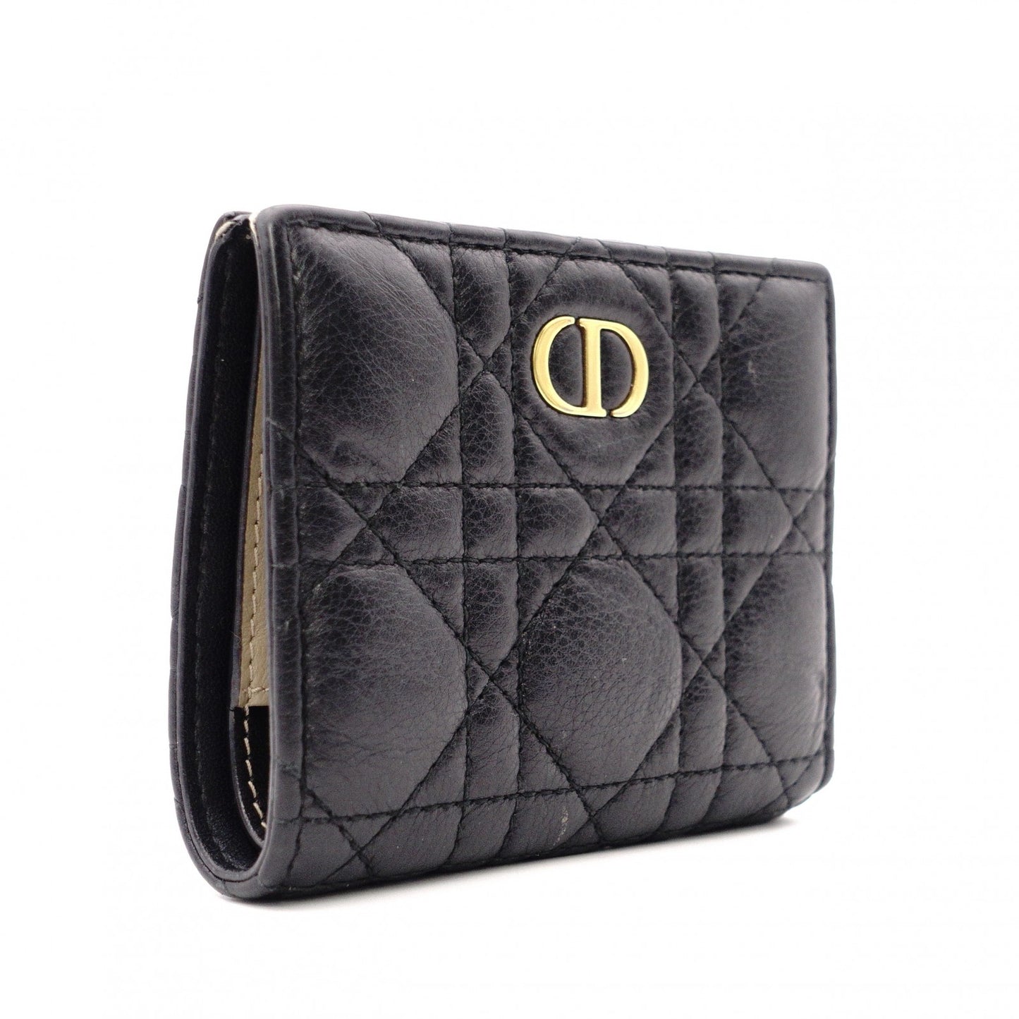 Christian Dior Cannage Bifold Wallet, Leather, Black and Beige, CD Logo