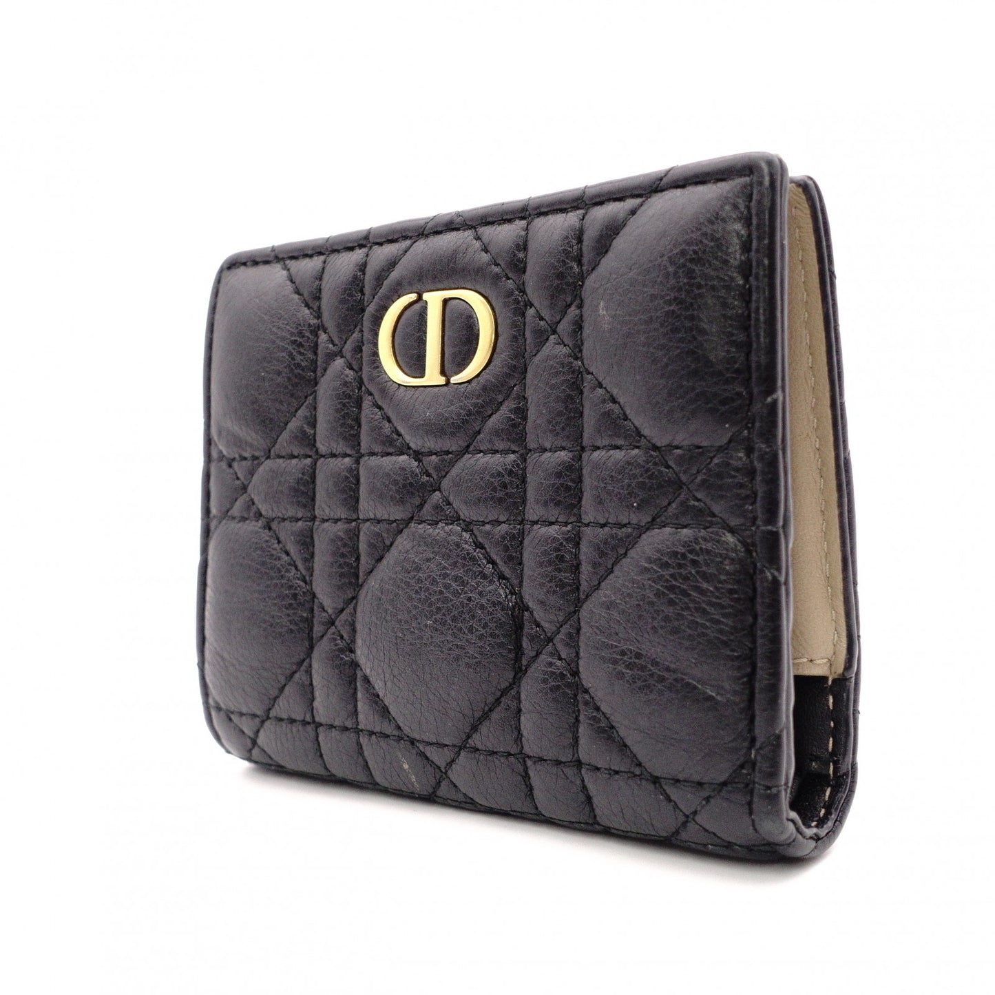 Christian Dior Cannage Bifold Wallet, Leather, Black and Beige, CD Logo