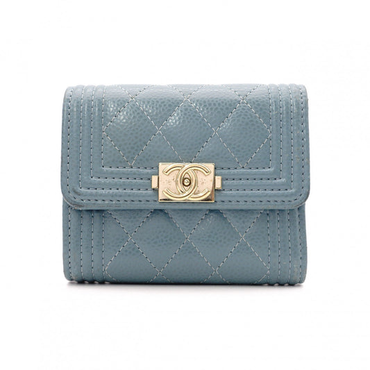 CHANEL Caviar Skin Boy Chanel Tri-fold Wallet, Leather, Blue, Gold Hardware