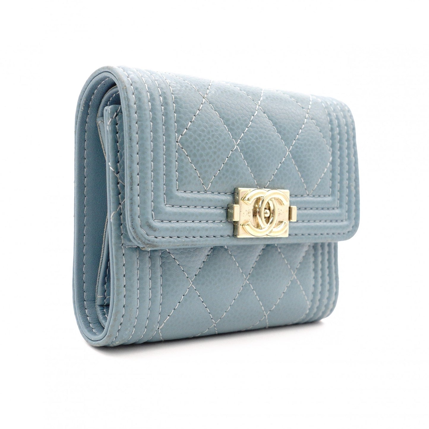 CHANEL Caviar Skin Boy Chanel Tri-fold Wallet, Leather, Blue, Gold Hardware