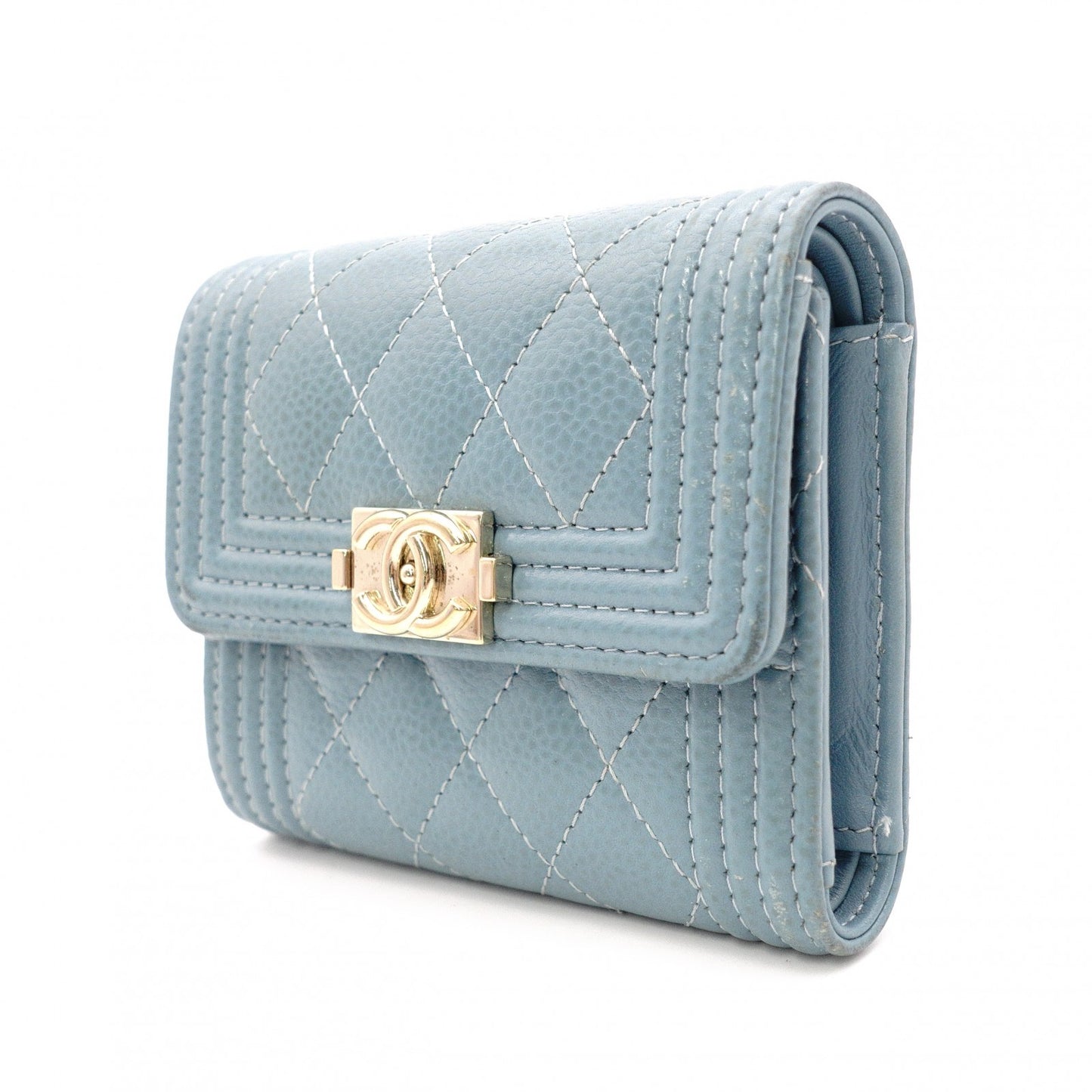 CHANEL Caviar Skin Boy Chanel Tri-fold Wallet, Leather, Blue, Gold Hardware