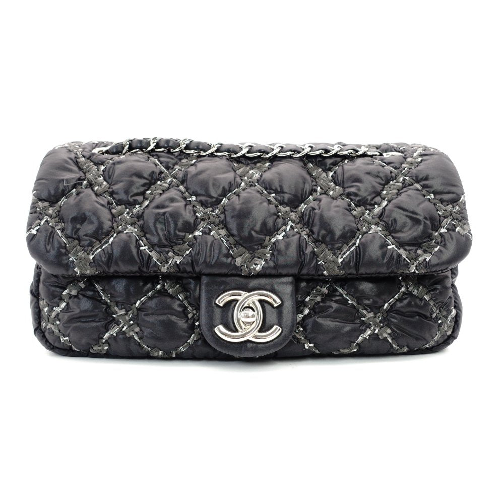 CHANEL Parisian Matelassé Nylon Tweed On-Stitch Double Chain Shoulder Bag Gray Nylon Silver Hardware 7-11-761