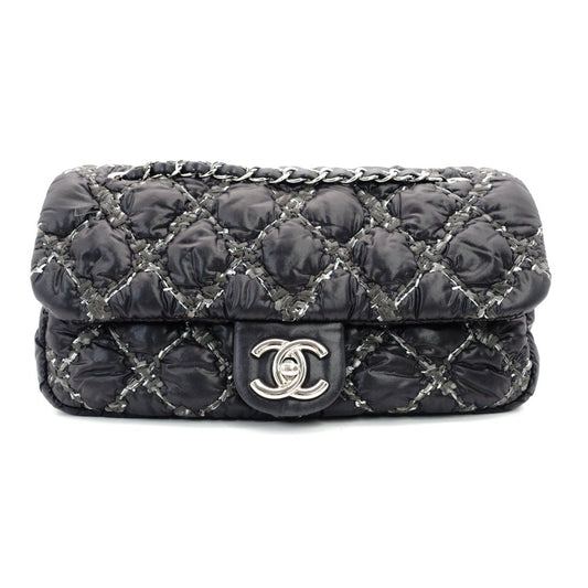 CHANEL Parisian Matelassé Nylon Tweed On-Stitch Double Chain Shoulder Bag Gray Nylon Silver Hardware 7-11-761