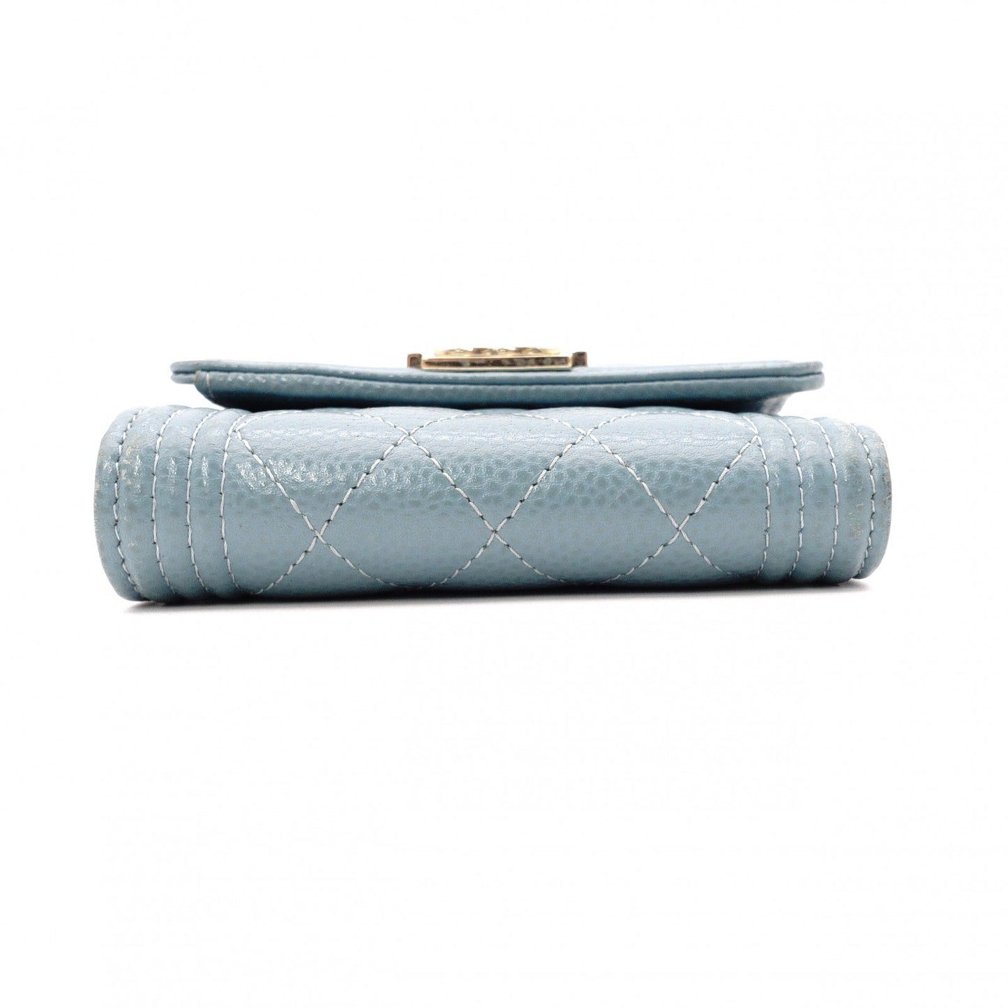 CHANEL Caviar Skin Boy Chanel Tri-fold Wallet, Leather, Blue, Gold Hardware