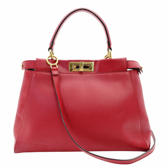 FENDI Peekaboo Handbag 2-Way Leather Red Shoulder Bag Red Gold Hardware 7-11-477