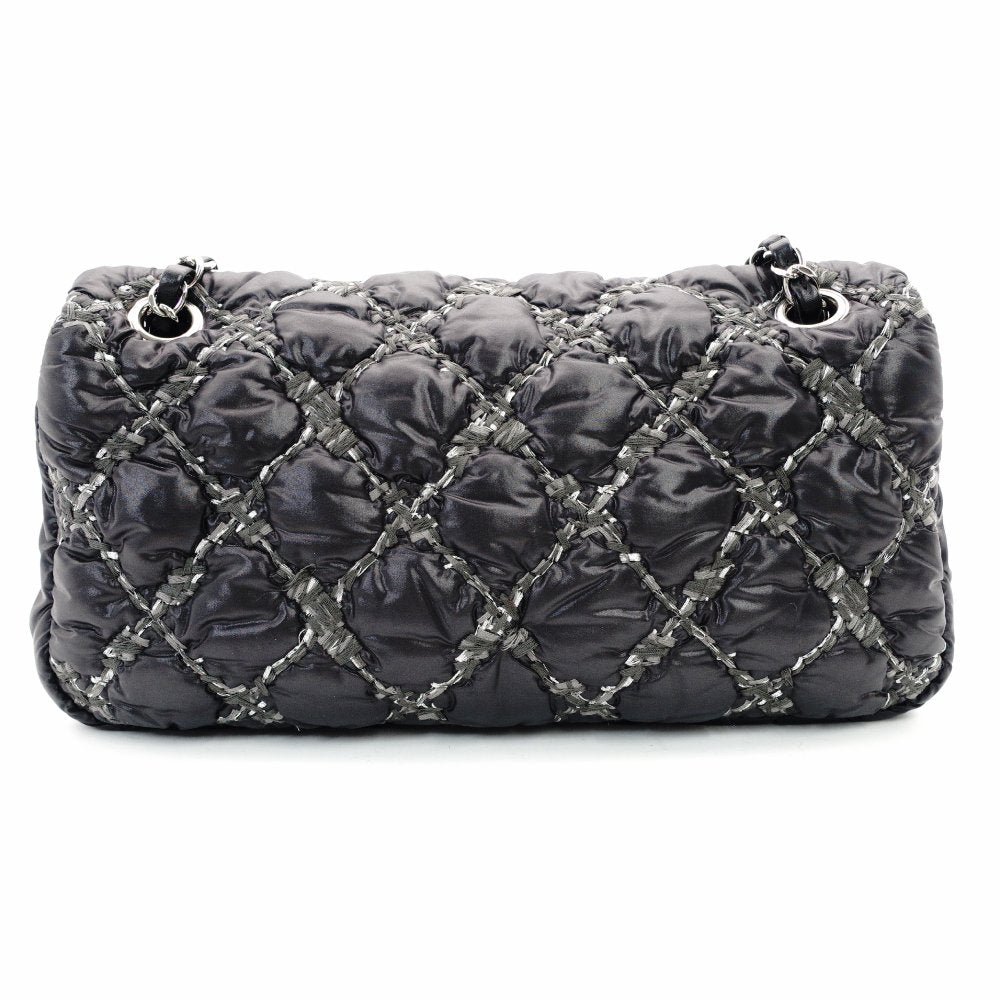 CHANEL Parisian Matelassé Nylon Tweed On-Stitch Double Chain Shoulder Bag Gray Nylon Silver Hardware 7-11-761