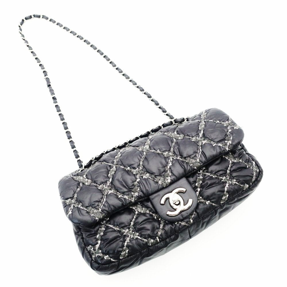 CHANEL Parisian Matelassé Nylon Tweed On-Stitch Double Chain Shoulder Bag Gray Nylon Silver Hardware 7-11-761