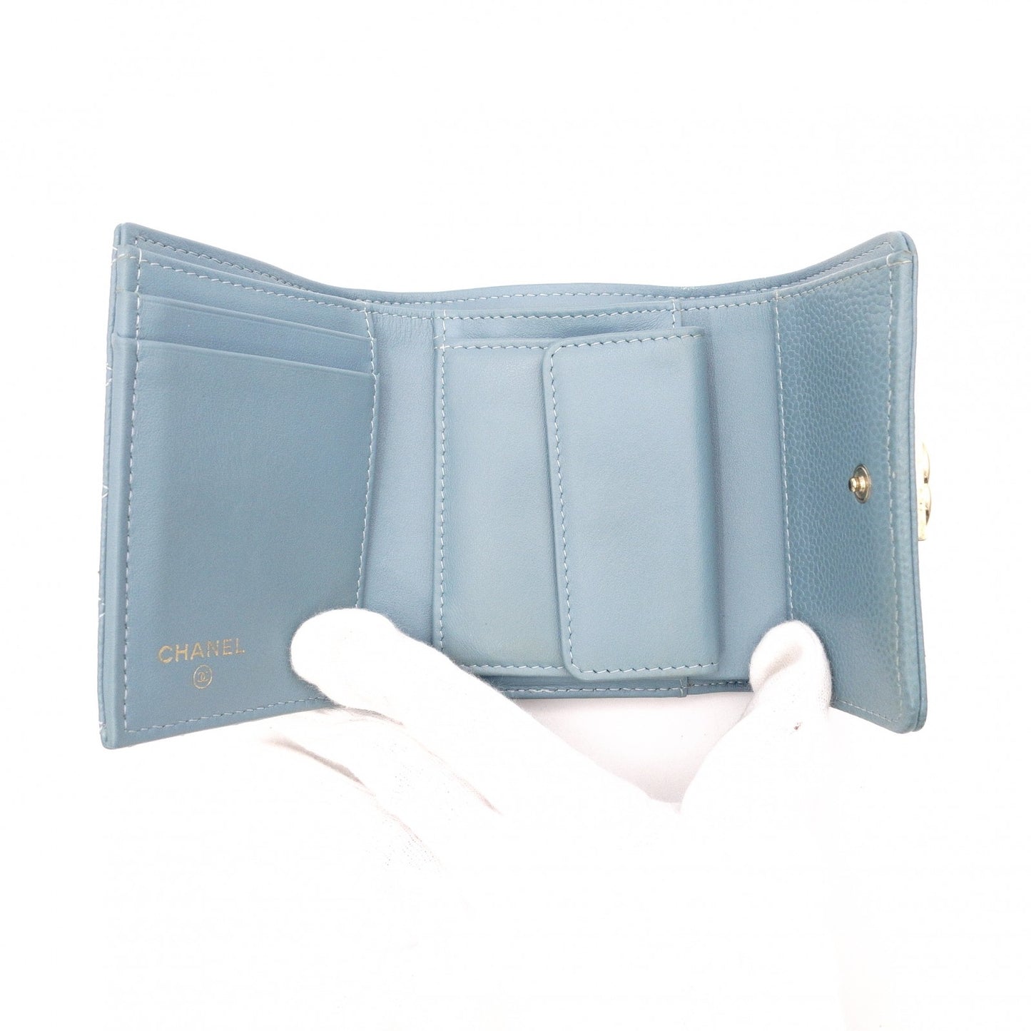 CHANEL Caviar Skin Boy Chanel Tri-fold Wallet, Leather, Blue, Gold Hardware