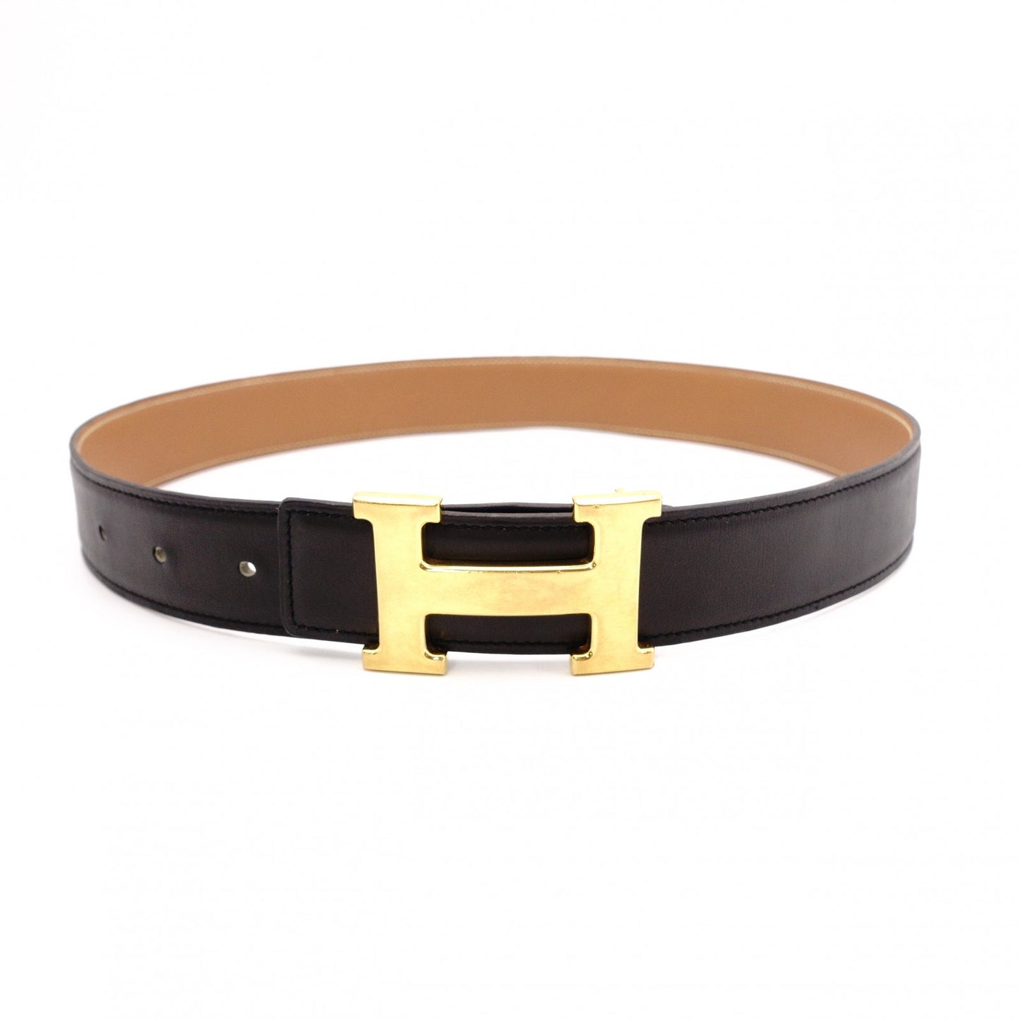 HERMES H Belt, Leather, Black, Reversible, Gold Hardware