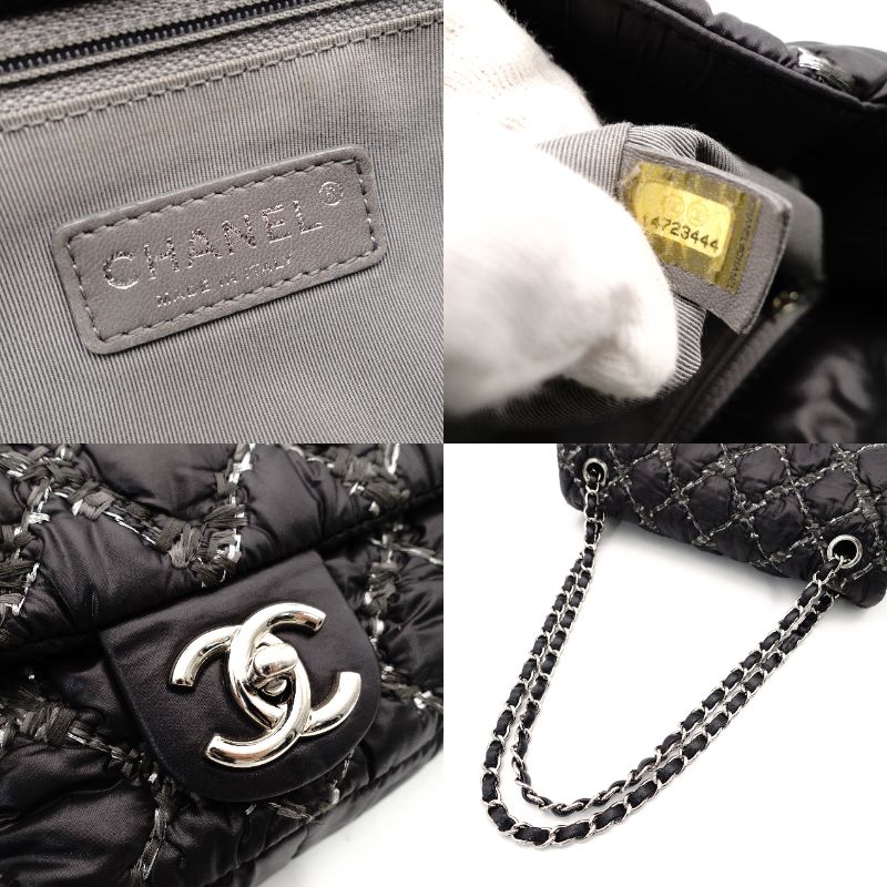 CHANEL Parisian Matelassé Nylon Tweed On-Stitch Double Chain Shoulder Bag Gray Nylon Silver Hardware 7-11-761