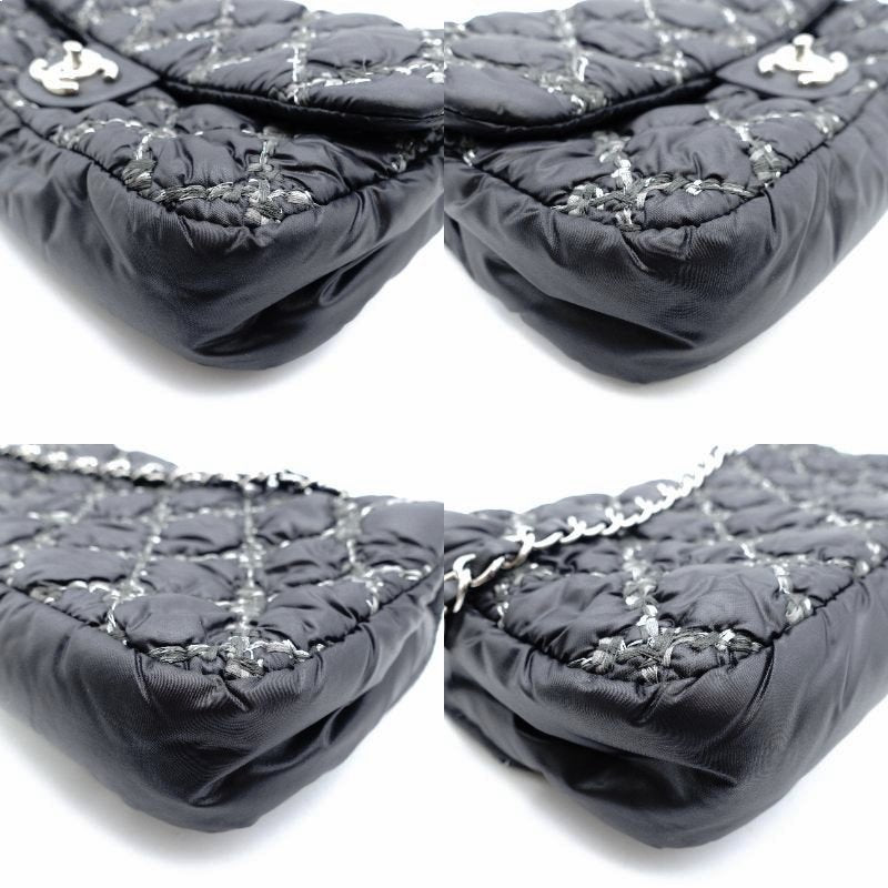 CHANEL Parisian Matelassé Nylon Tweed On-Stitch Double Chain Shoulder Bag Gray Nylon Silver Hardware 7-11-761