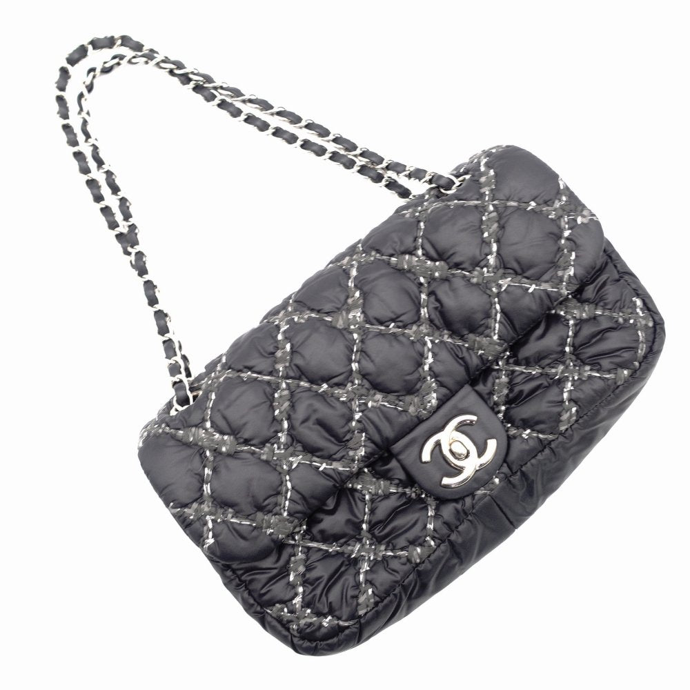 CHANEL Parisian Matelassé Nylon Tweed On-Stitch Double Chain Shoulder Bag Gray Nylon Silver Hardware 7-11-761