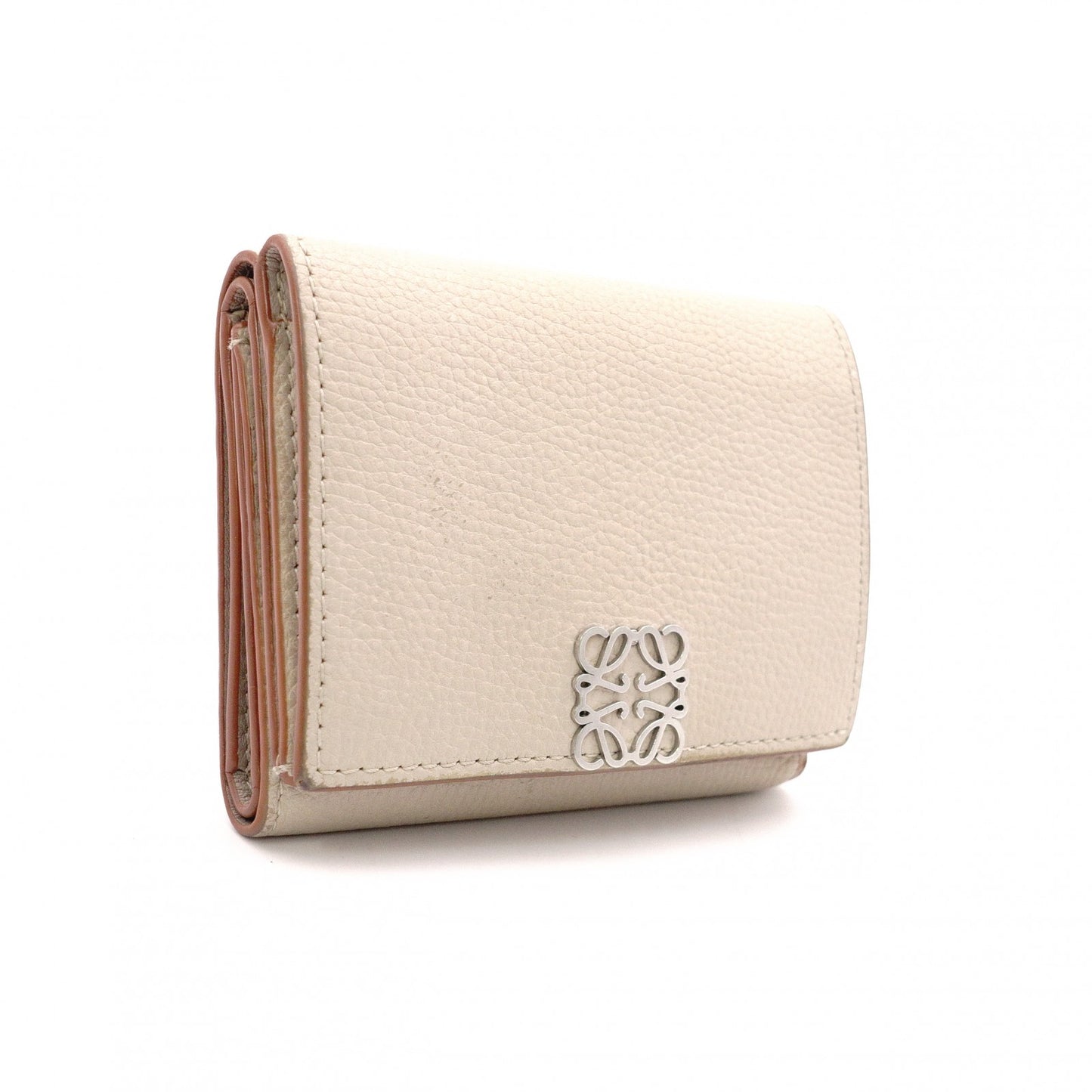 LOEWE Anagram Compact Wallet, Tri-fold, Leather, Beige