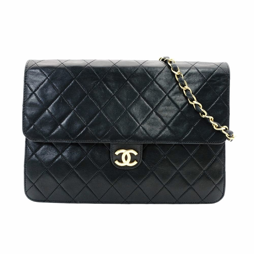 CHANEL Matelassé Chain Shoulder Bag Single Black Lambskin Black Leather Vintage Gold Hardware 7-7-486