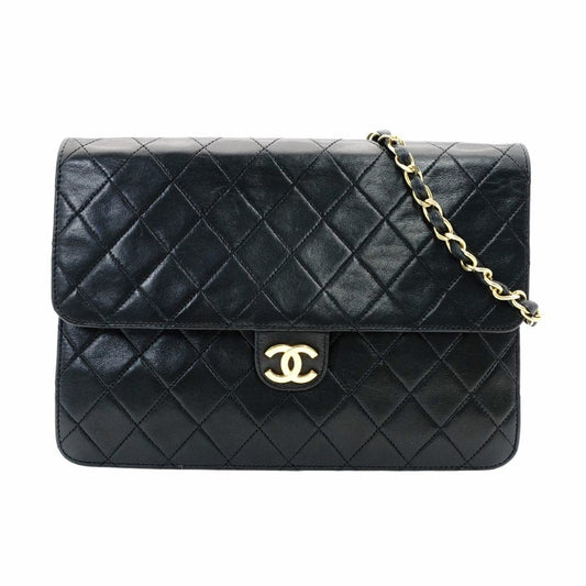 CHANEL Matelassé Chain Shoulder Bag Single Black Lambskin Black Leather Vintage Gold Hardware 7-7-486