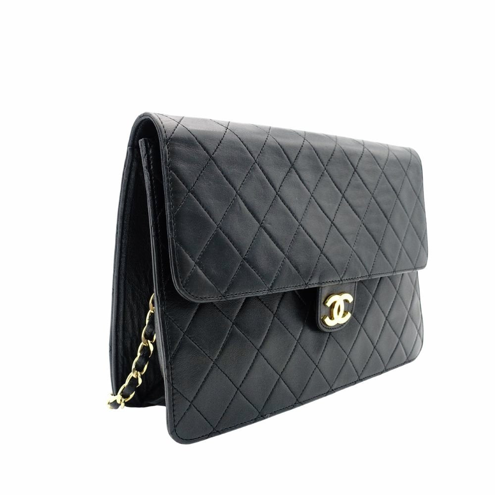 CHANEL Matelassé Chain Shoulder Bag Single Black Lambskin Black Leather Vintage Gold Hardware 7-7-486
