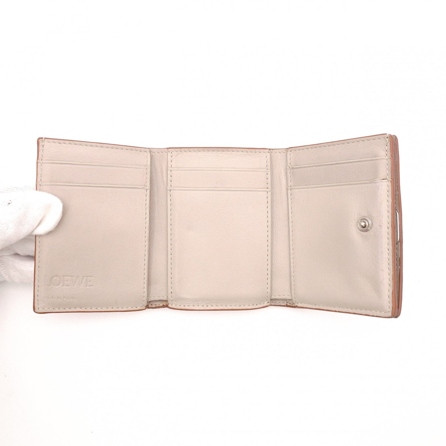 LOEWE Anagram Compact Wallet, Tri-fold, Leather, Beige
