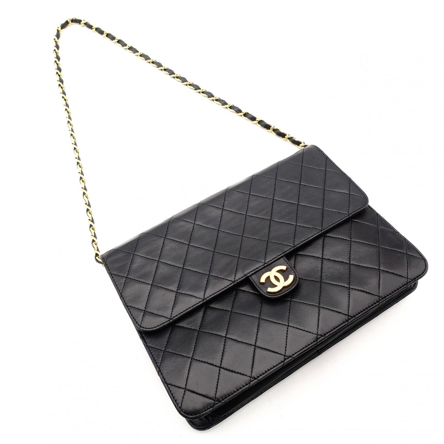 CHANEL Matelassé Chain Shoulder Bag Single Black Lambskin Black Leather Vintage Gold Hardware 7-7-486