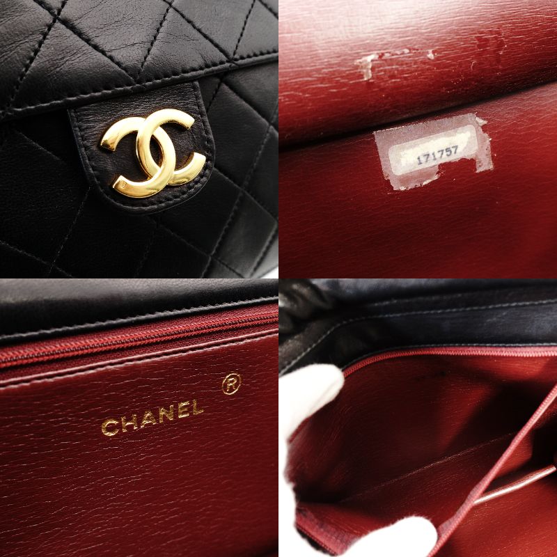 CHANEL Matelassé Chain Shoulder Bag Single Black Lambskin Black Leather Vintage Gold Hardware 7-7-486