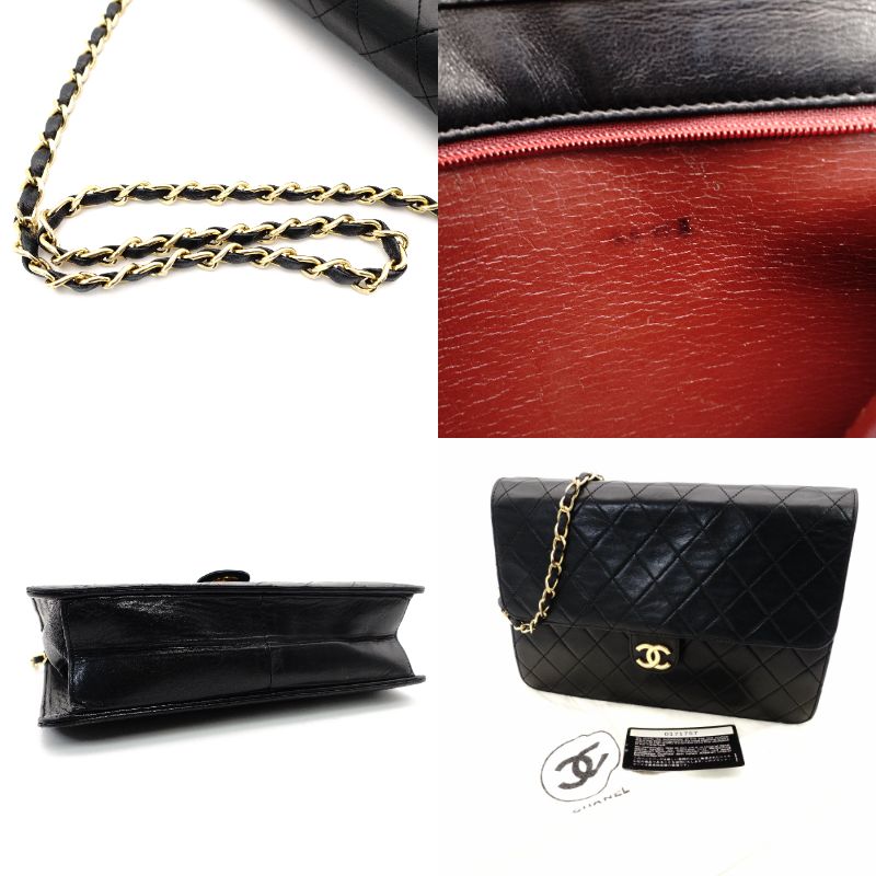 CHANEL Matelassé Chain Shoulder Bag Single Black Lambskin Black Leather Vintage Gold Hardware 7-7-486