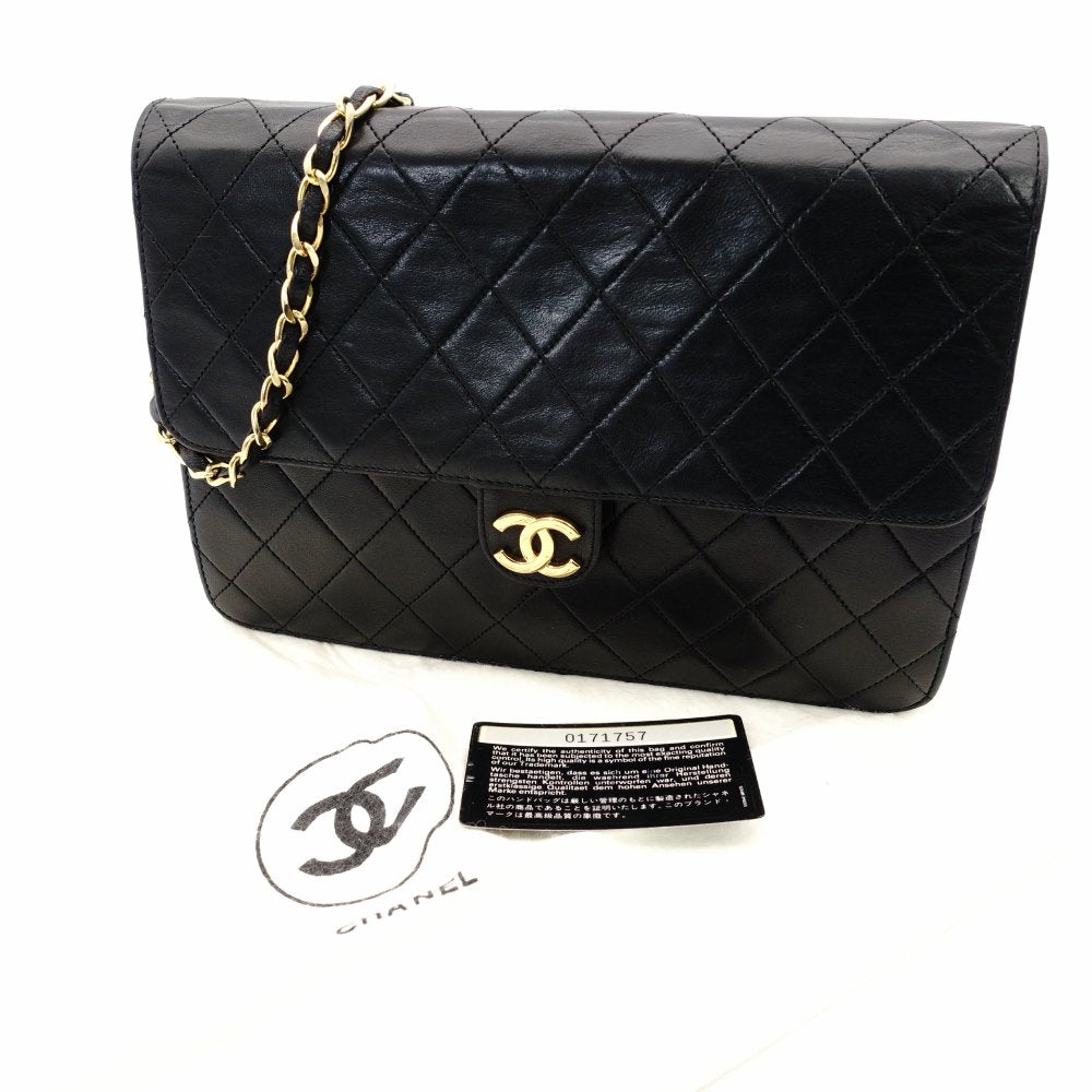 CHANEL Matelassé Chain Shoulder Bag Single Black Lambskin Black Leather Vintage Gold Hardware 7-7-486