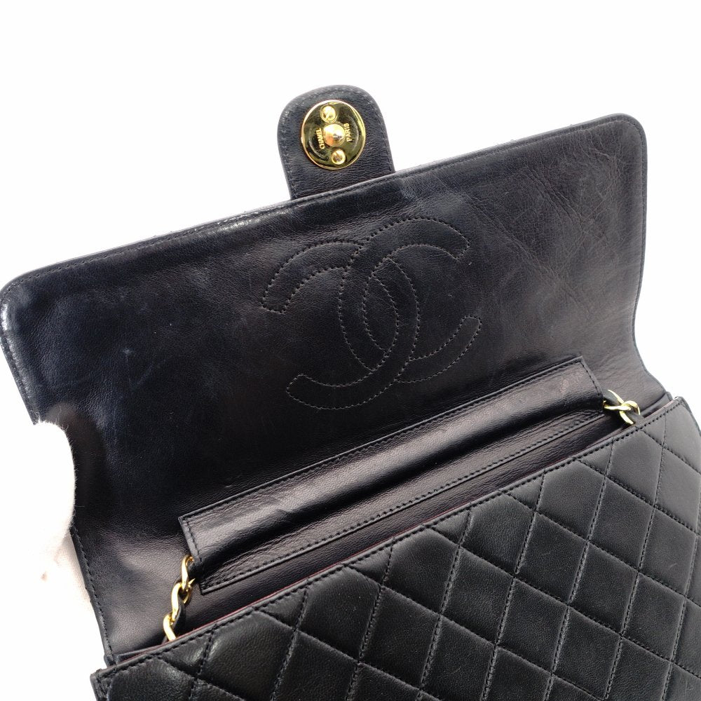 CHANEL Matelassé Chain Shoulder Bag Single Black Lambskin Black Leather Vintage Gold Hardware 7-7-486
