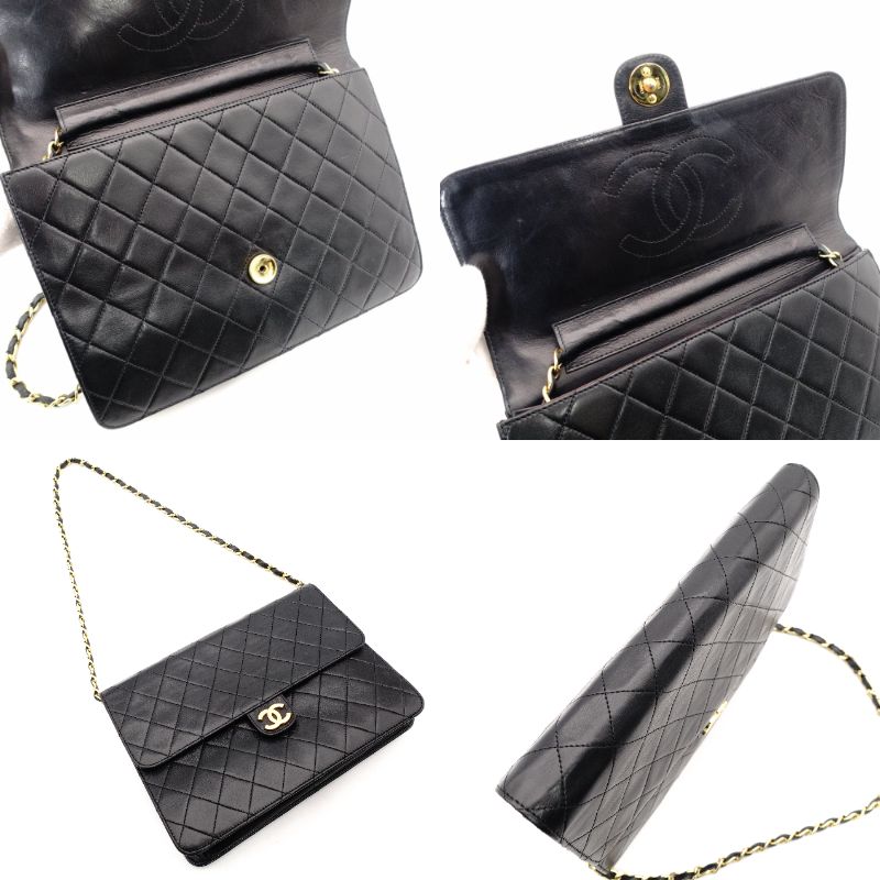 CHANEL Matelassé Chain Shoulder Bag Single Black Lambskin Black Leather Vintage Gold Hardware 7-7-486
