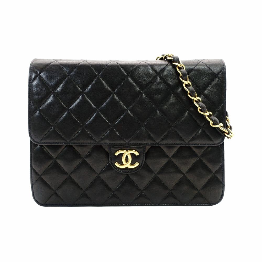 CHANEL Matelassé Chain Shoulder Bag Single Black Lambskin Black Leather Vintage Gold Hardware 7-12-077