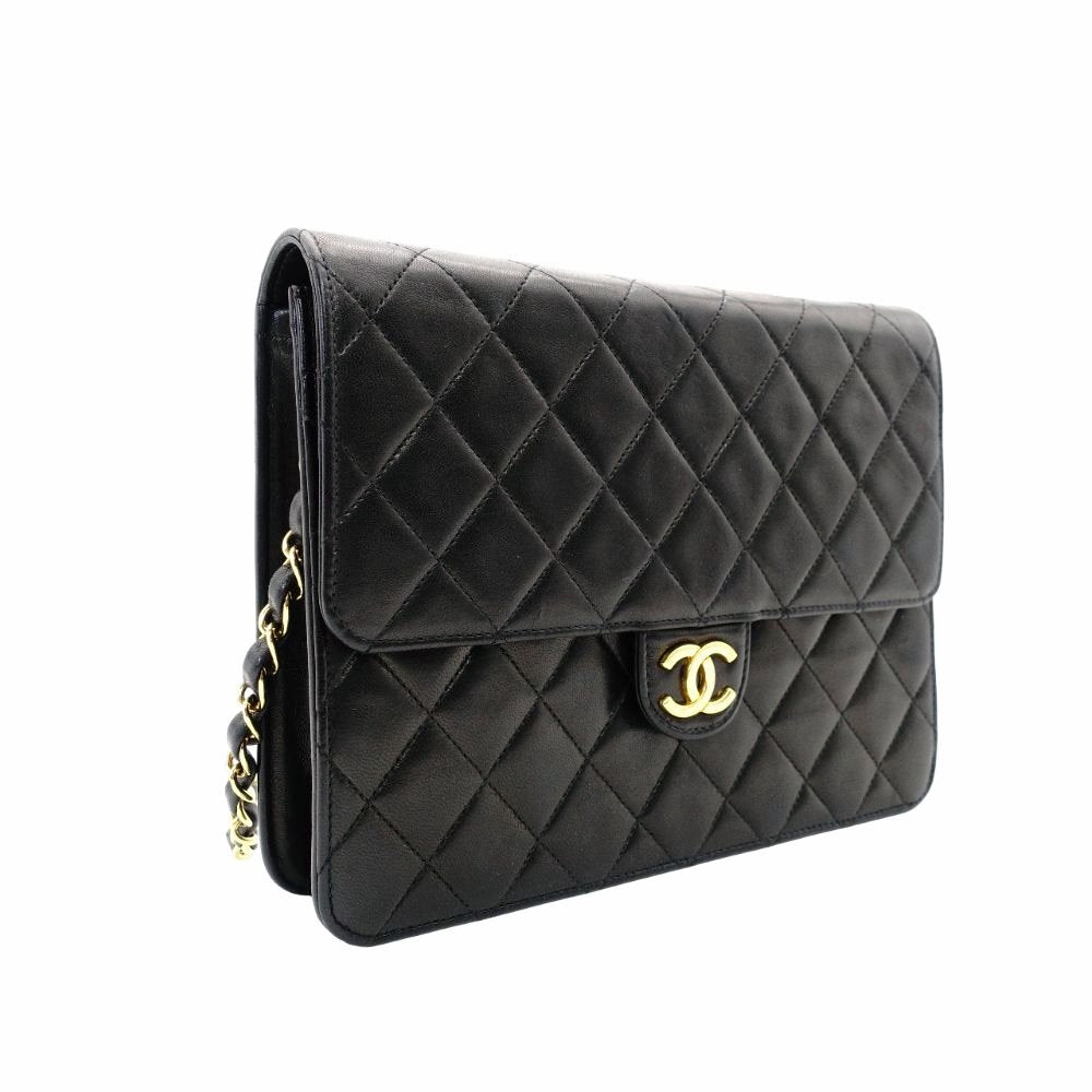 CHANEL Matelassé Chain Shoulder Bag Single Black Lambskin Black Leather Vintage Gold Hardware 7-12-077