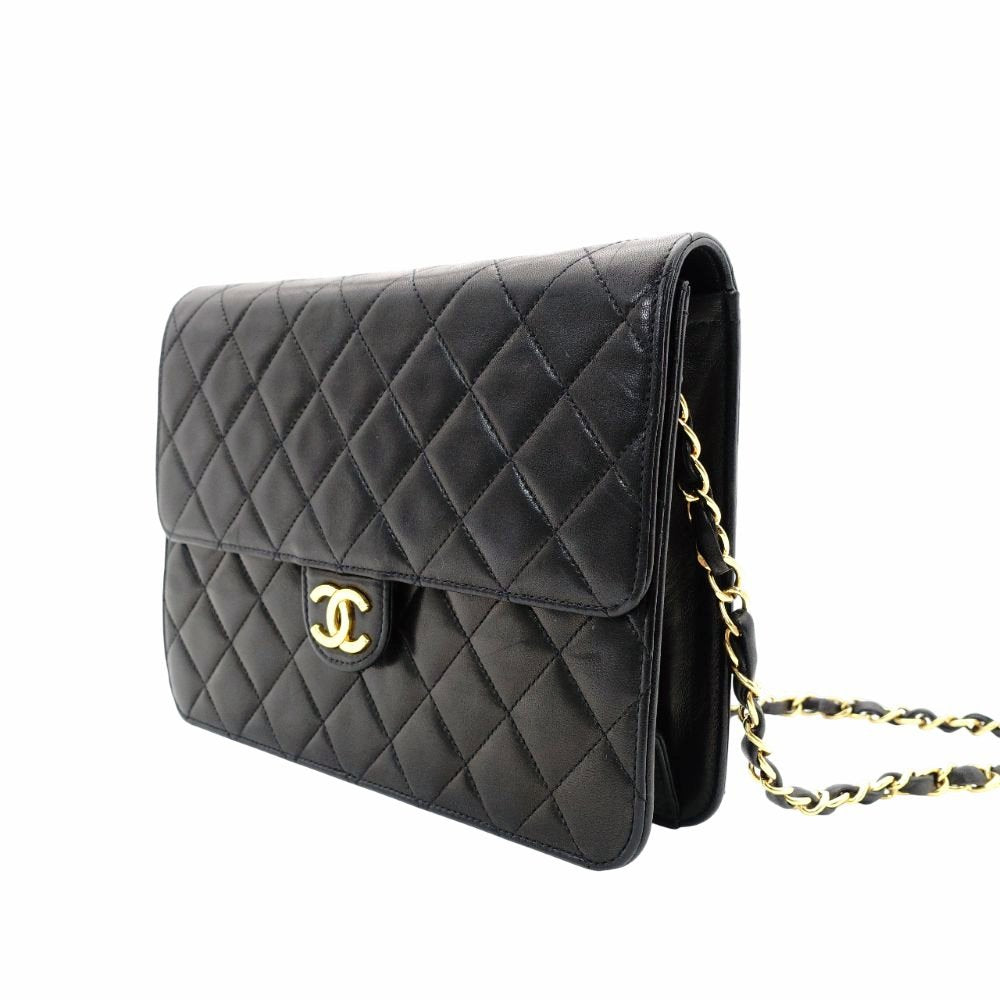 CHANEL Matelassé Chain Shoulder Bag Single Black Lambskin Black Leather Vintage Gold Hardware 7-12-077