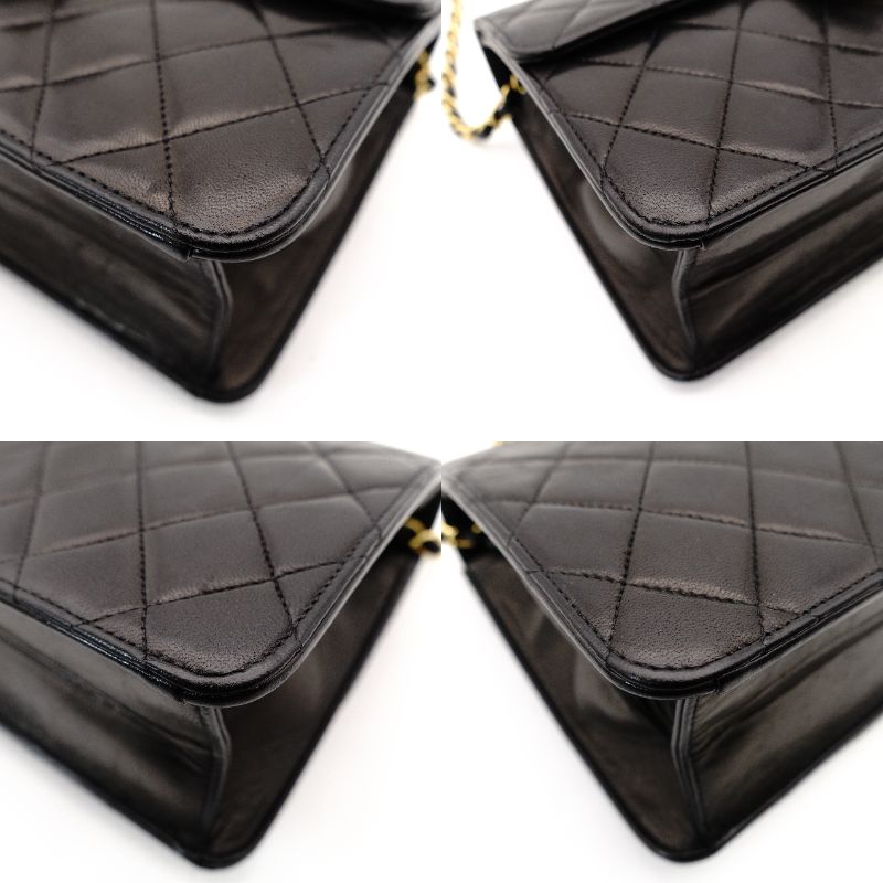 CHANEL Matelassé Chain Shoulder Bag Single Black Lambskin Black Leather Vintage Gold Hardware 7-12-077