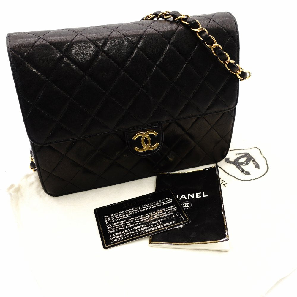 CHANEL Matelassé Chain Shoulder Bag Single Black Lambskin Black Leather Vintage Gold Hardware 7-12-077