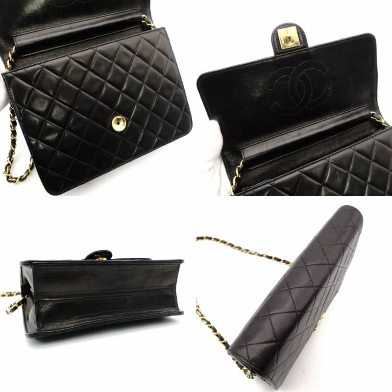 CHANEL Matelassé Chain Shoulder Bag Single Black Lambskin Black Leather Vintage Gold Hardware 7-12-077