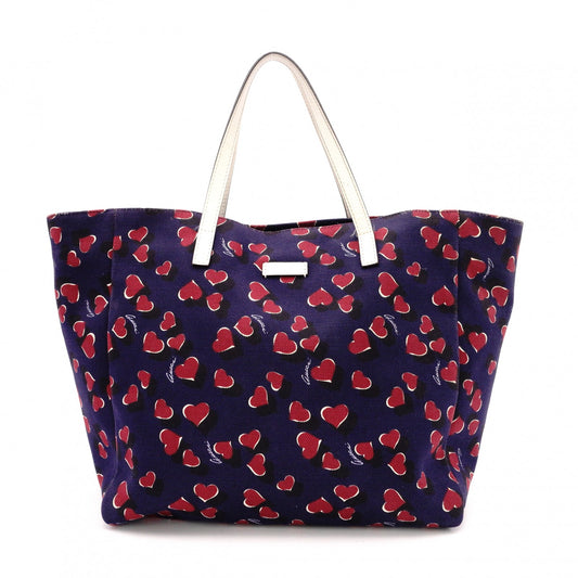 GUCCI Heartbeat Tote Bag, Canvas and Leather, Navy, Heart-Patterned Shoulder Bag
