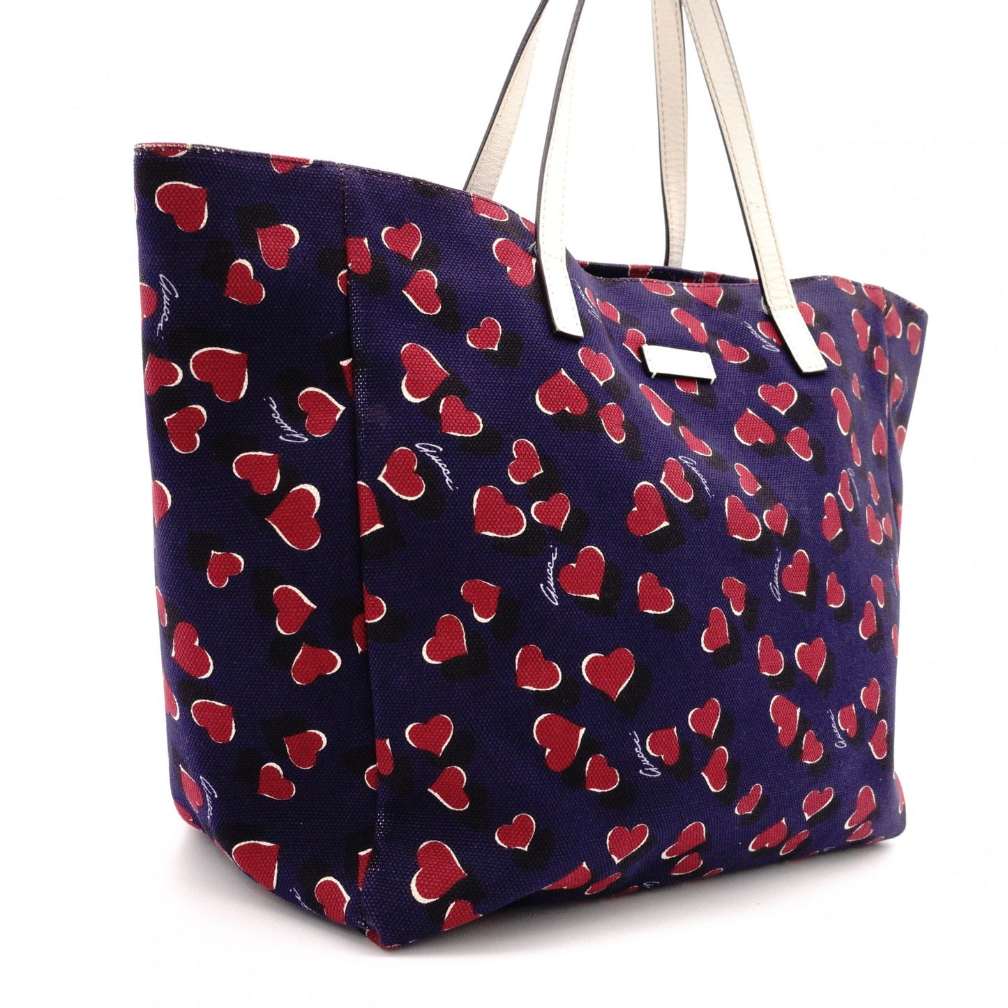 GUCCI Heartbeat Tote Bag, Canvas and Leather, Navy, Heart-Patterned Shoulder Bag