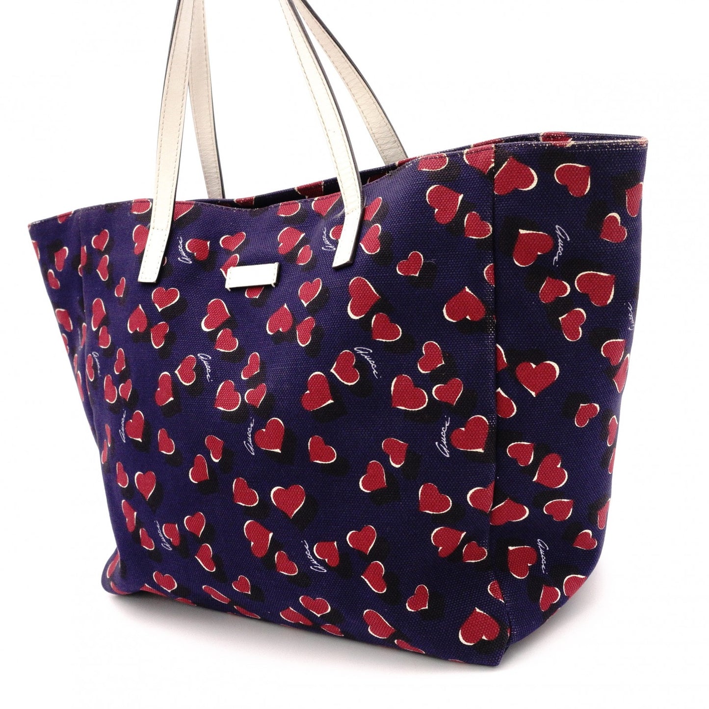 GUCCI Heartbeat Tote Bag, Canvas and Leather, Navy, Heart-Patterned Shoulder Bag