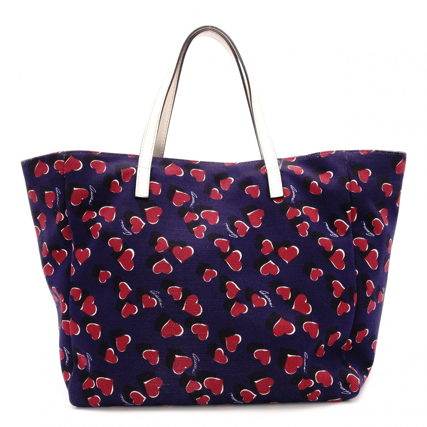 GUCCI Heartbeat Tote Bag, Canvas and Leather, Navy, Heart-Patterned Shoulder Bag