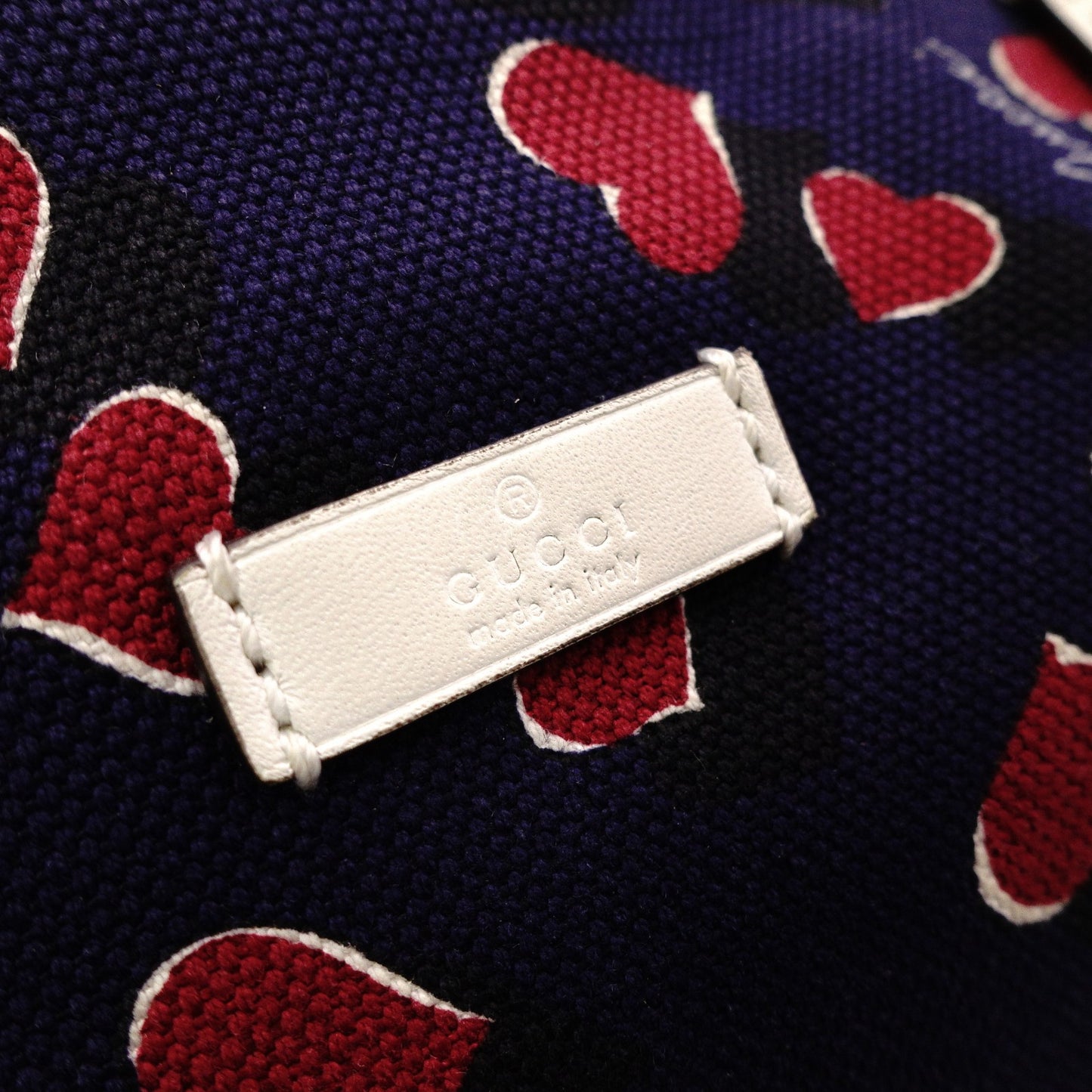 GUCCI Heartbeat Tote Bag, Canvas and Leather, Navy, Heart-Patterned Shoulder Bag