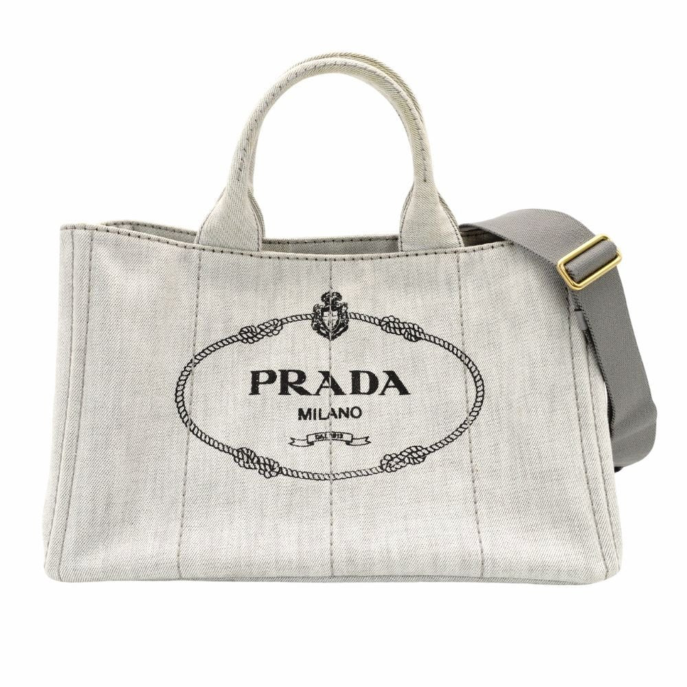 PRADA Canapa Tote Canvas Medium Handbag Gray Denim 2-Way Shoulder 7-11-277