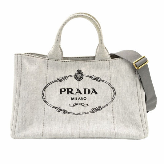 PRADA Canapa Tote Canvas Medium Handbag Gray Denim 2-Way Shoulder 7-11-277
