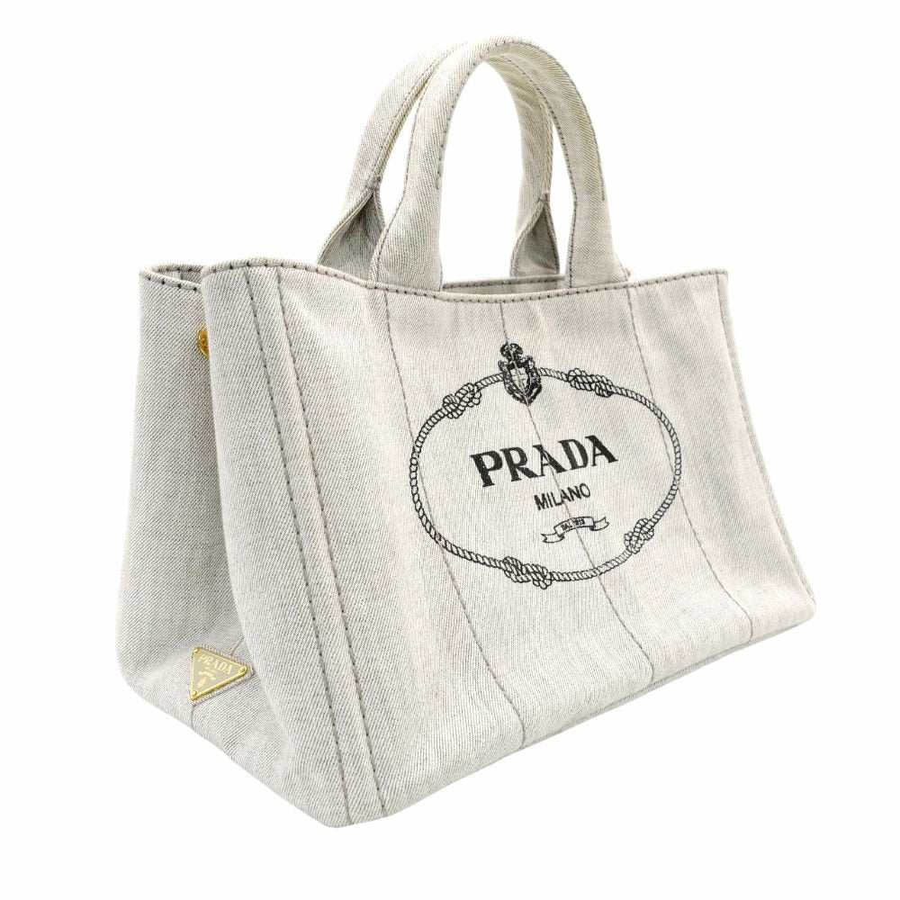 PRADA Canapa Tote Canvas Medium Handbag Gray Denim 2-Way Shoulder 7-11-277