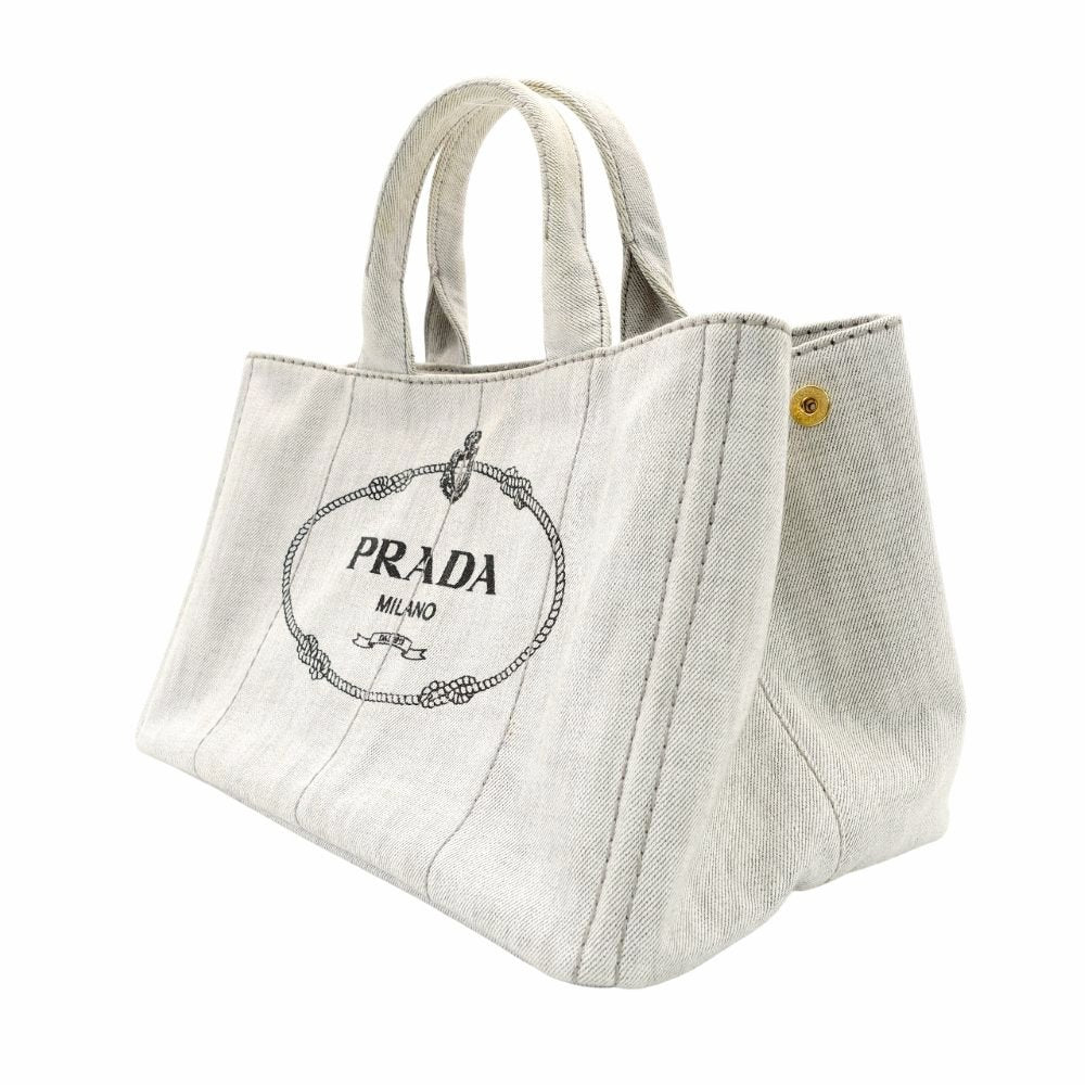 PRADA Canapa Tote Canvas Medium Handbag Gray Denim 2-Way Shoulder 7-11-277